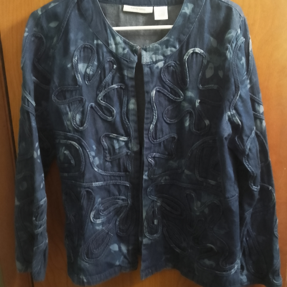 Women's VTG Y2K Tantrums Navy Blue Embroidered Abstract Pattern Denim Jacket L